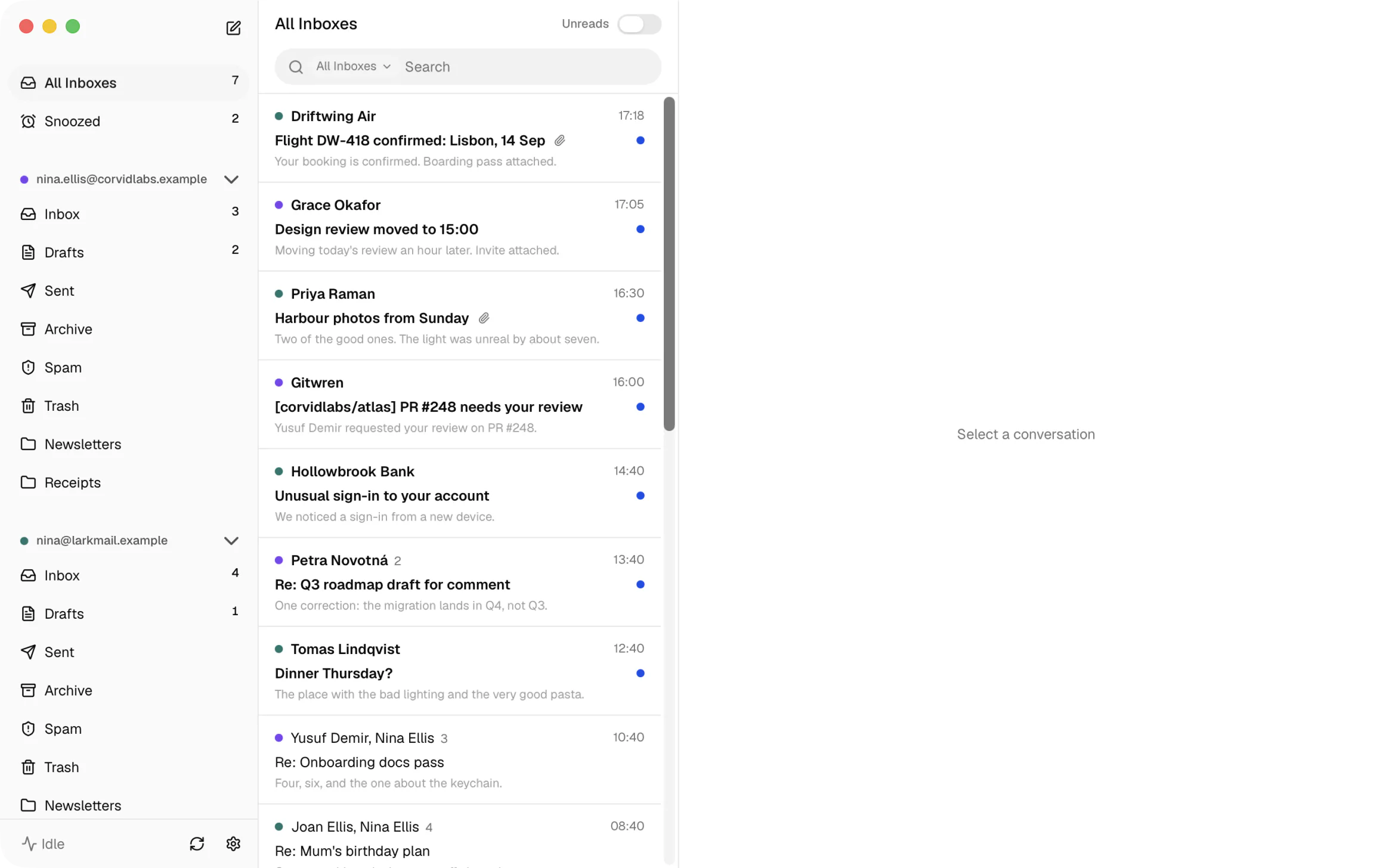 Sutok's All Inboxes list, with unread mail from several accounts and no conversation selected.